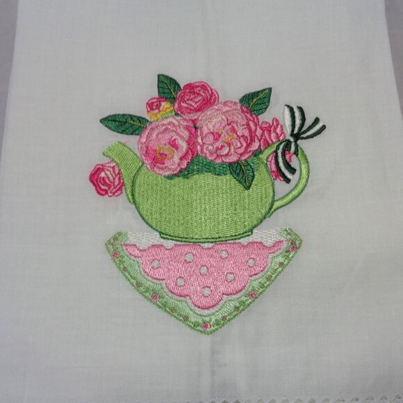 2 Sandy Clough Ramie & Cotton Embroidered Teapot and Roses Tea Towels NWOT - Picture 2 of 5